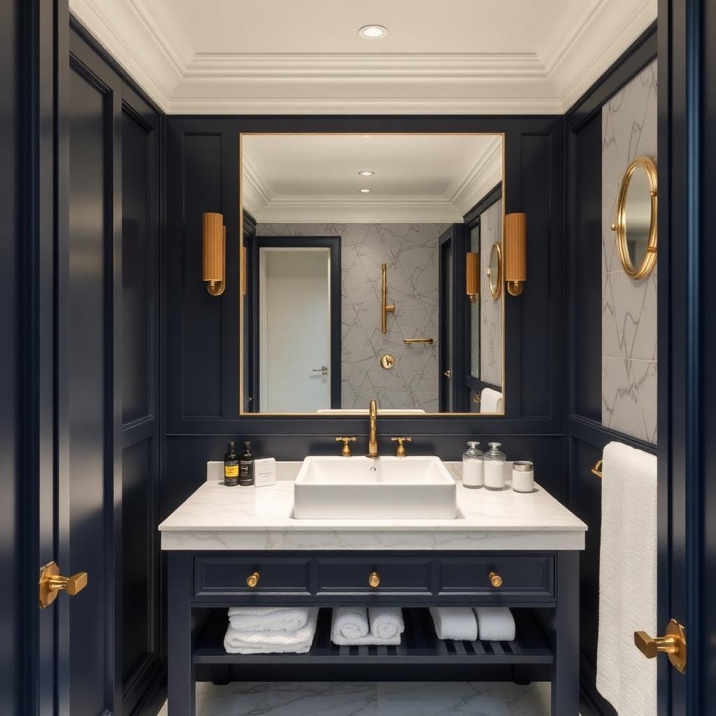 Navy ensuite bathroom with brass fittings